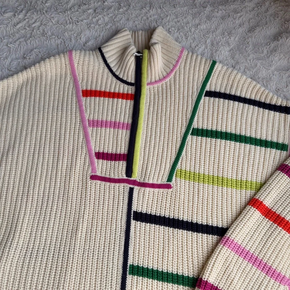 STAUD Hampton Sweater Cream Multi Color Stripe Quarter Zip Knit Oversized Long S - Picture 6 of 11